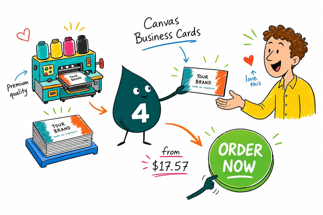 Wally the 4OVER4 mascot handing a premium textured canvas business card, priced at $17.57 for 100, across a counter to a happy customer, teal hand-drawn line art.
