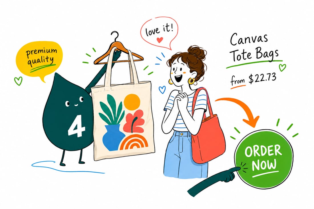 Wally the 4OVER4 mascot handing a printed 6oz canvas tote bag, priced from $22.73, across a counter to a happy customer, teal hand-drawn line art.