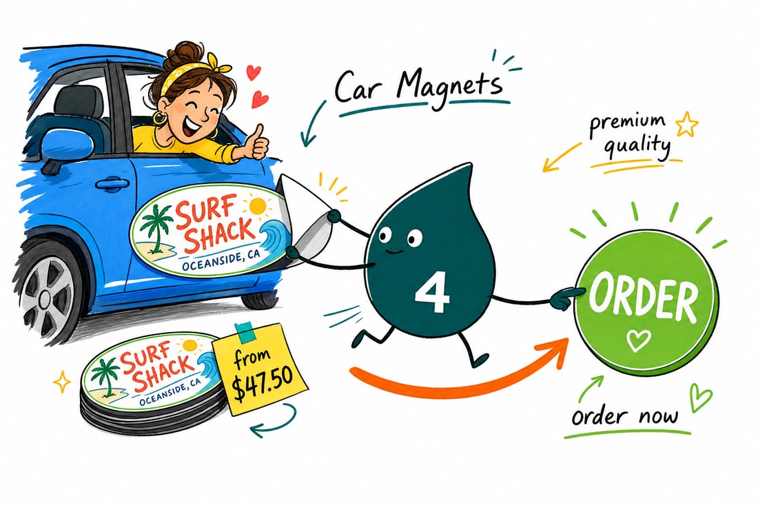 Wally the 4OVER4.COM mascot pressing a full-color car magnet onto a car door, priced from $47.50, teal hand-drawn line art.
