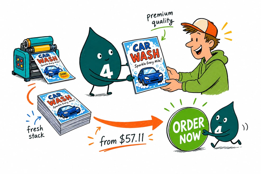 Wally the 4OVER4 mascot handing a bright car wash flyer, priced at $39.54 for 50, to a driver beside a freshly washed car, teal hand-drawn line art.