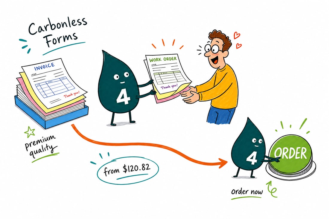 Wally the 4OVER4 mascot handing a multi-part carbonless form, priced at $120.82 for 100, across a counter to a happy customer, teal hand-drawn line art.