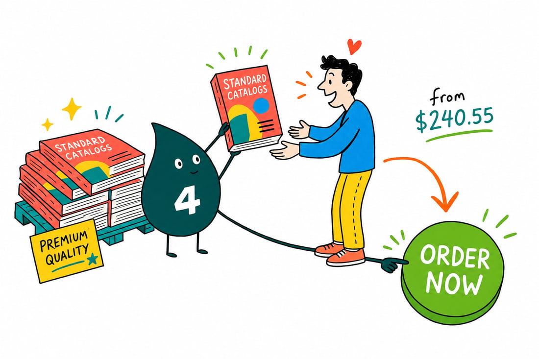 Wally the 4OVER4 mascot handing an open full-color Standard Catalog booklet, priced from $240.55 for 25, across a counter to a happy business owner, teal hand-drawn line art.