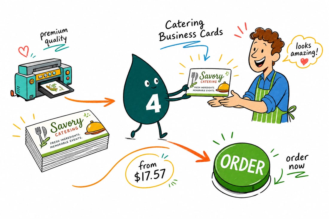 Wally the 4OVER4 mascot handing a catering business card, priced at $17.57 for 100, across a buffet table beside a chafing dish, teal hand-drawn line art.
