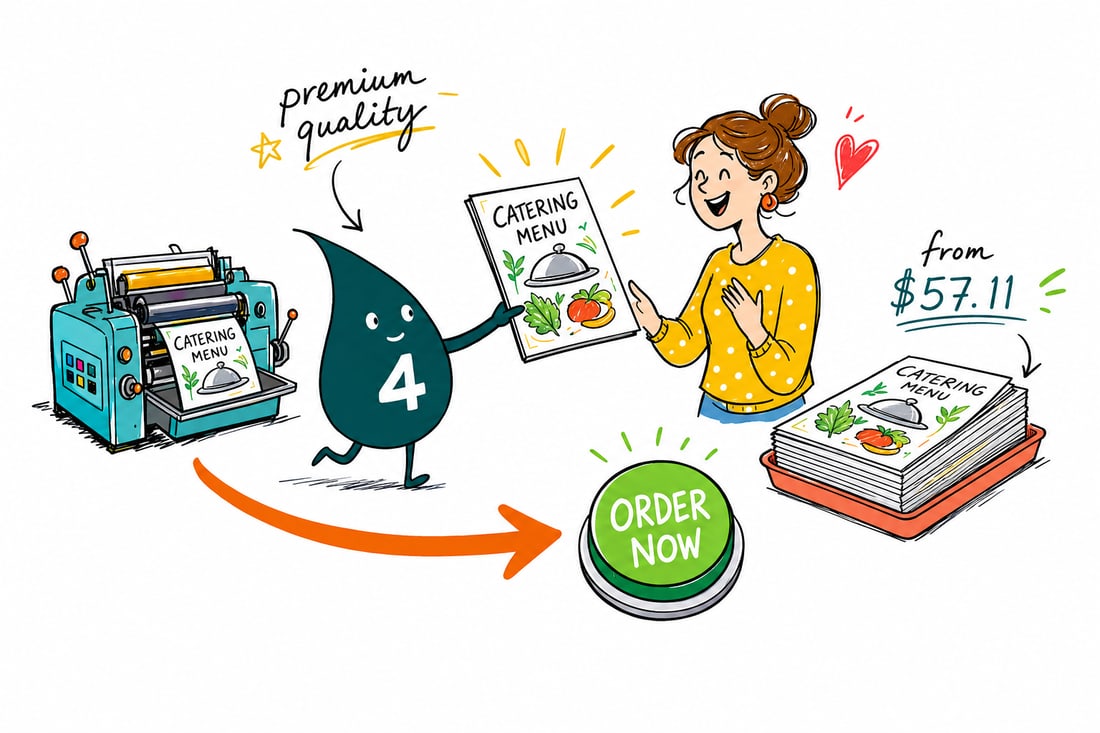 Wally the 4OVER4 mascot handing a folded catering menu, priced from $57.11 for 50, across a table to a happy event client, teal hand-drawn line art.