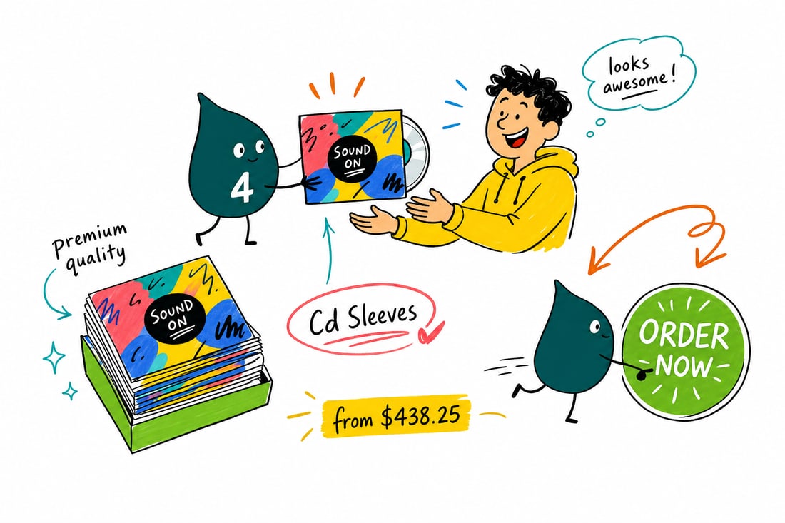 Wally the 4OVER4 mascot sliding a CD into a printed 5 inch diecut sleeve priced at $438.25 for 100, teal hand-drawn line art.