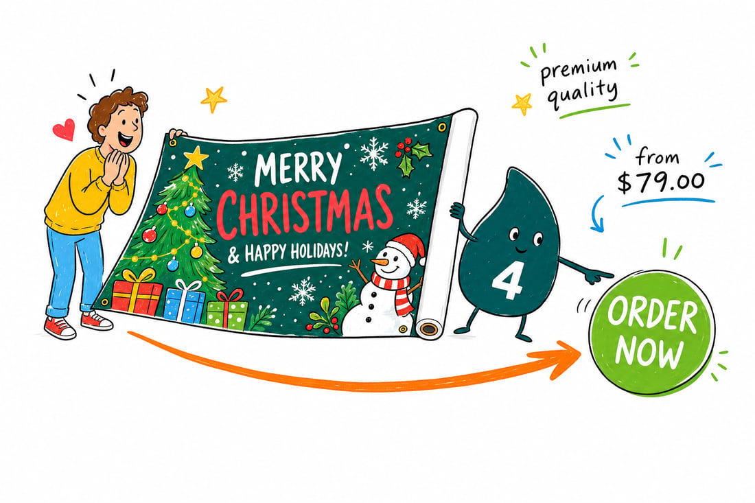 Wally the 4OVER4 mascot on a ladder hanging a wide red and green Christmas banner across a storefront, priced from $79, teal hand-drawn line art.