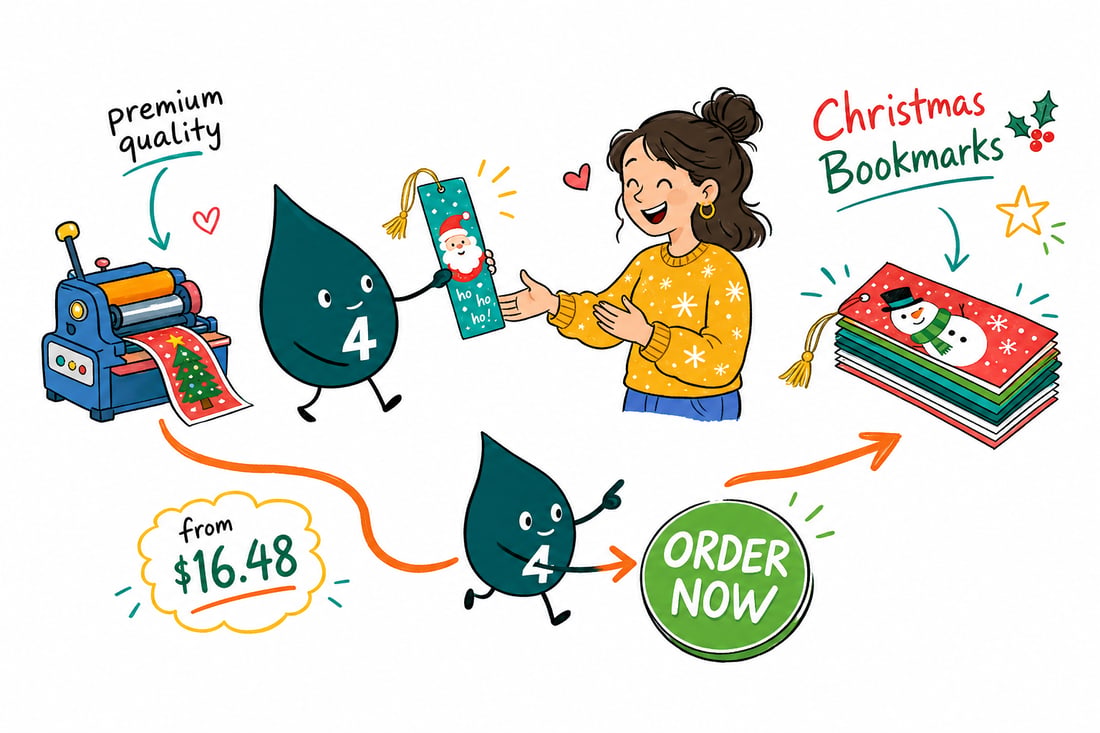 Wally the 4OVER4 mascot handing a tall Christmas bookmark with a ribbon tassel, priced at $16.48 for 50, across a counter to a happy customer, teal hand-drawn line art.