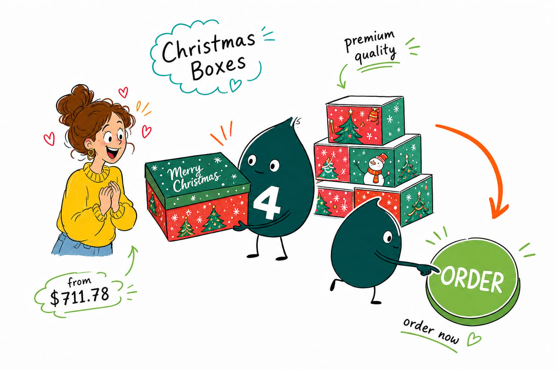 Wally the 4OVER4 mascot holding a full-color printed Christmas box priced at $711.78 for 250, handing it across a counter, teal hand-drawn line art.