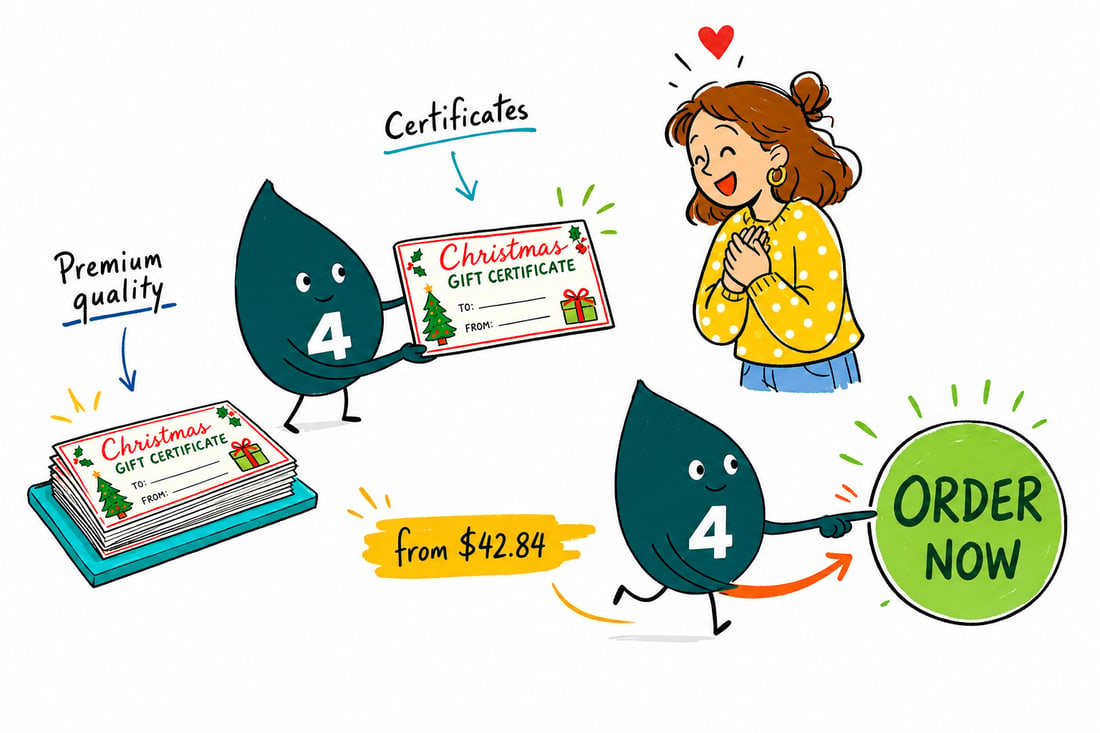 Wally the 4OVER4 mascot handing a printed Christmas gift certificate, priced from $42.84 for 50, across a counter to a happy holiday shopper, teal hand-drawn line art.