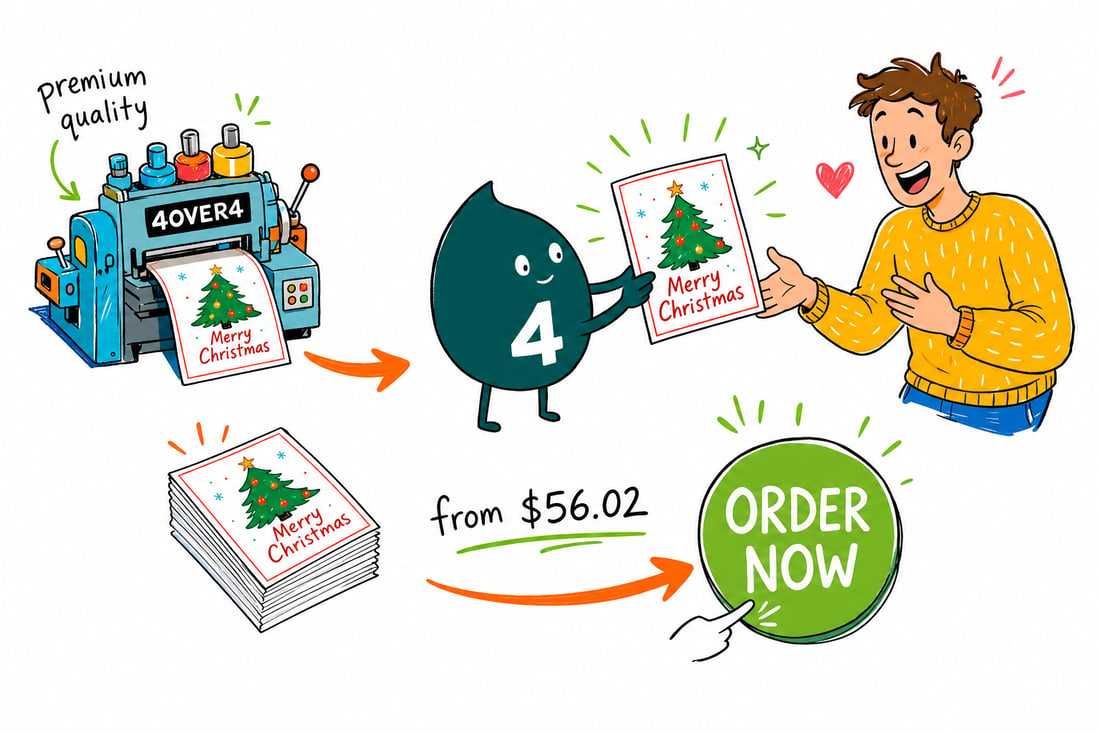 Wally the 4OVER4 mascot handing a folded 5 by 7 inch Christmas greeting card with a matching envelope, priced at $56.02 for 50, across a counter to a happy customer, teal hand-drawn line art.