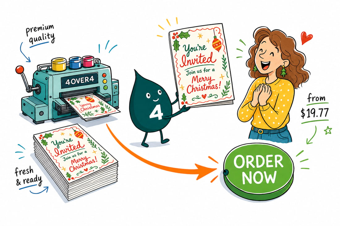 Wally the 4OVER4 mascot handing a festive Christmas invitation, priced at $19.77 for 25, with a matching white envelope, teal hand-drawn line art.