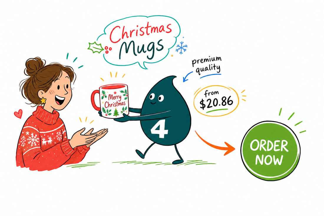 Wally the 4OVER4 mascot holding a white Christmas mug wrapped in a full-color holiday design, priced at $20.86, teal hand-drawn line art.