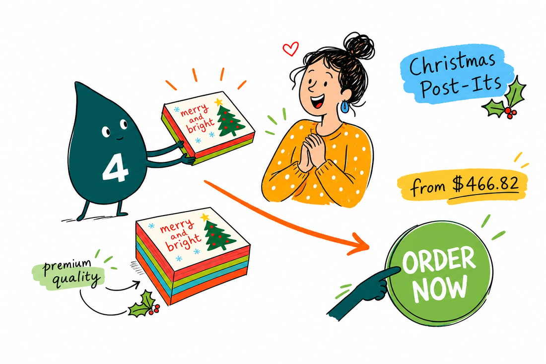 Wally the 4OVER4 mascot pressing a custom-printed Christmas Post-it Note pad onto an office desk, full-color holiday design on every sheet, teal hand-drawn line art.
