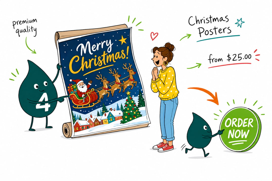 Wally the 4OVER4 mascot hanging a festive Christmas poster priced from $25 in a shop window, teal hand-drawn line art.