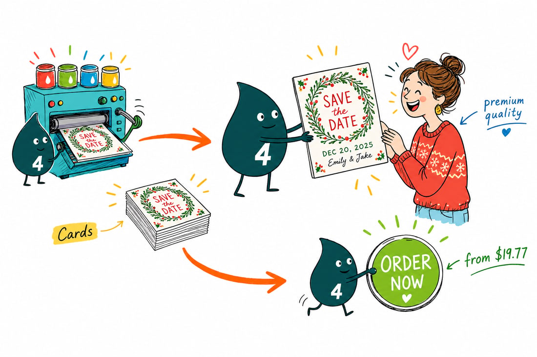 Wally the 4OVER4 mascot handing a festive Christmas save the date card, priced at $19.77 for 25, across a counter to a happy customer, teal hand-drawn line art.