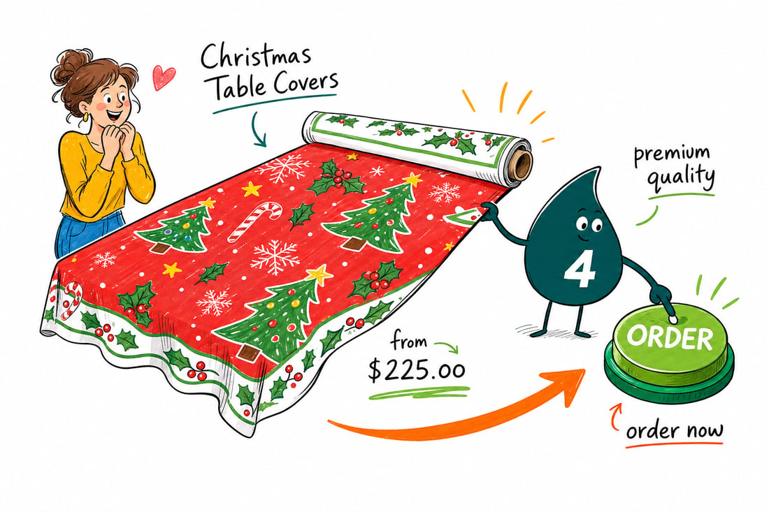 Wally the 4OVER4 mascot draping a printed Christmas table cover over a folding table at a holiday market booth, priced from $225, teal hand-drawn line art.