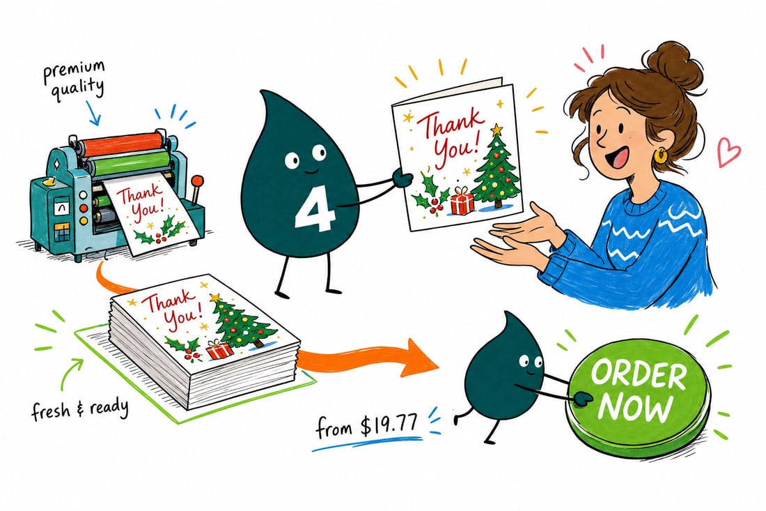 Wally the 4OVER4 mascot handing a Christmas thank you card with a matching white envelope, priced at $19.77 for 25, across a counter to a happy customer, teal hand-drawn line art.