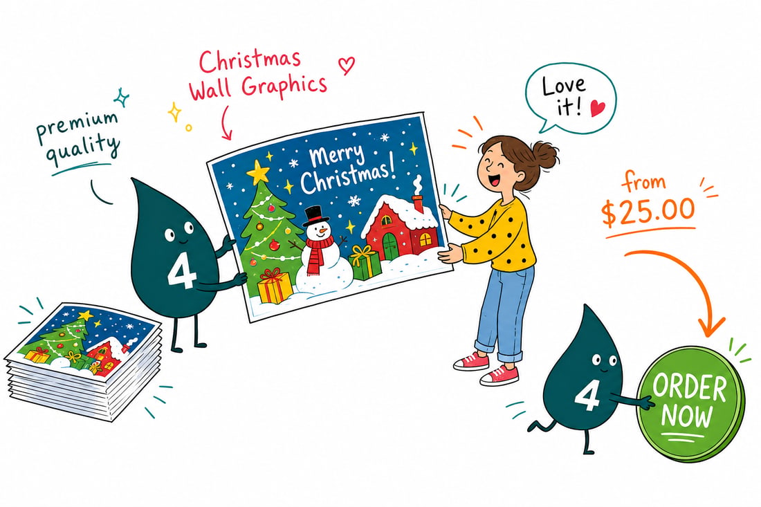 Wally the 4OVER4 mascot smoothing a festive Christmas wall graphic onto a storefront window, teal hand-drawn line art.