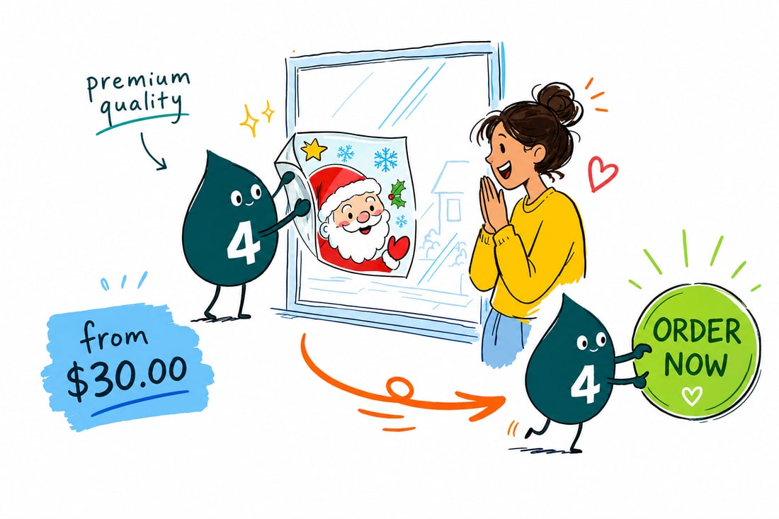 Wally the 4OVER4 mascot pressing a clear Christmas window cling onto a storefront window, festive snowflakes and a Santa scene printed on the glass, teal hand-drawn line art.