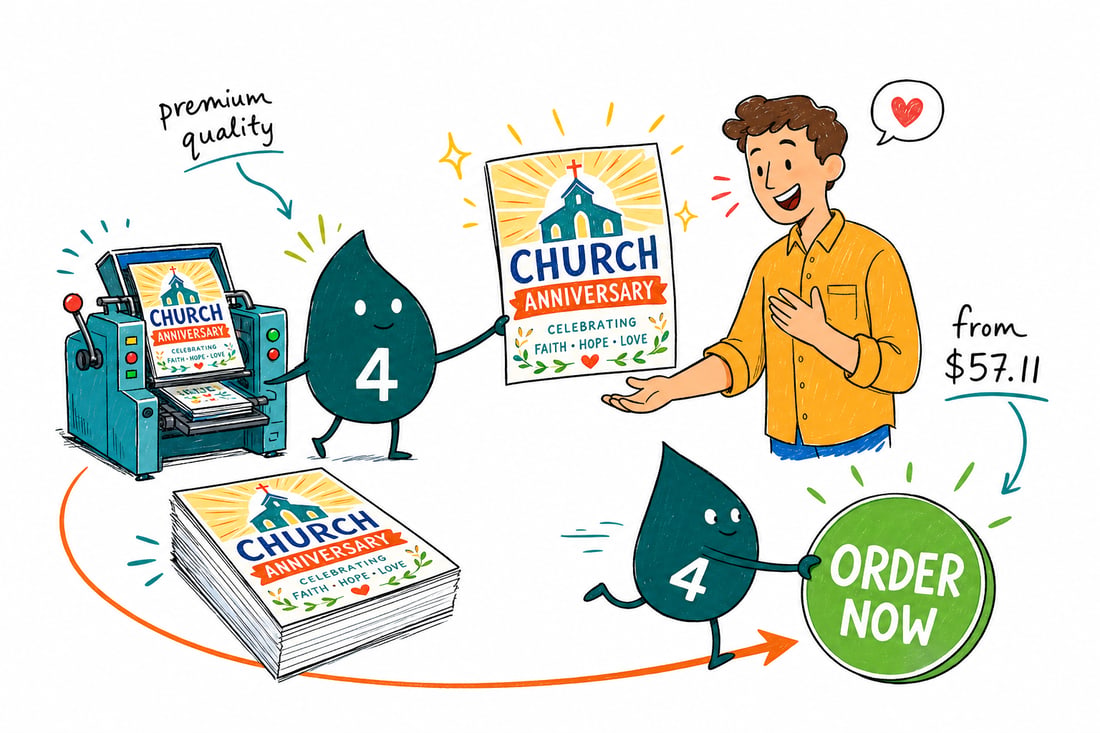 Wally the 4OVER4 mascot handing a church anniversary flyer, priced at $39.54 for 50, to a smiling churchgoer outside a chapel, teal hand-drawn line art.