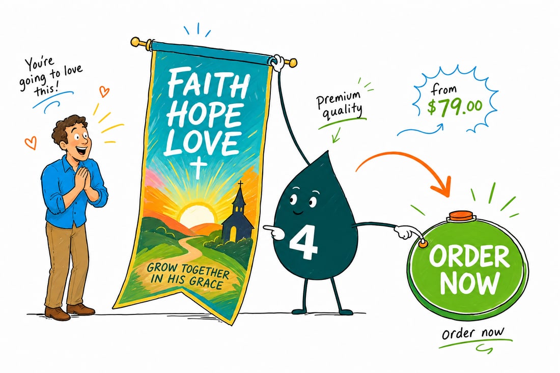 Wally the 4OVER4 mascot hanging a church banner priced from $79 on an outdoor fence, teal hand-drawn line art.
