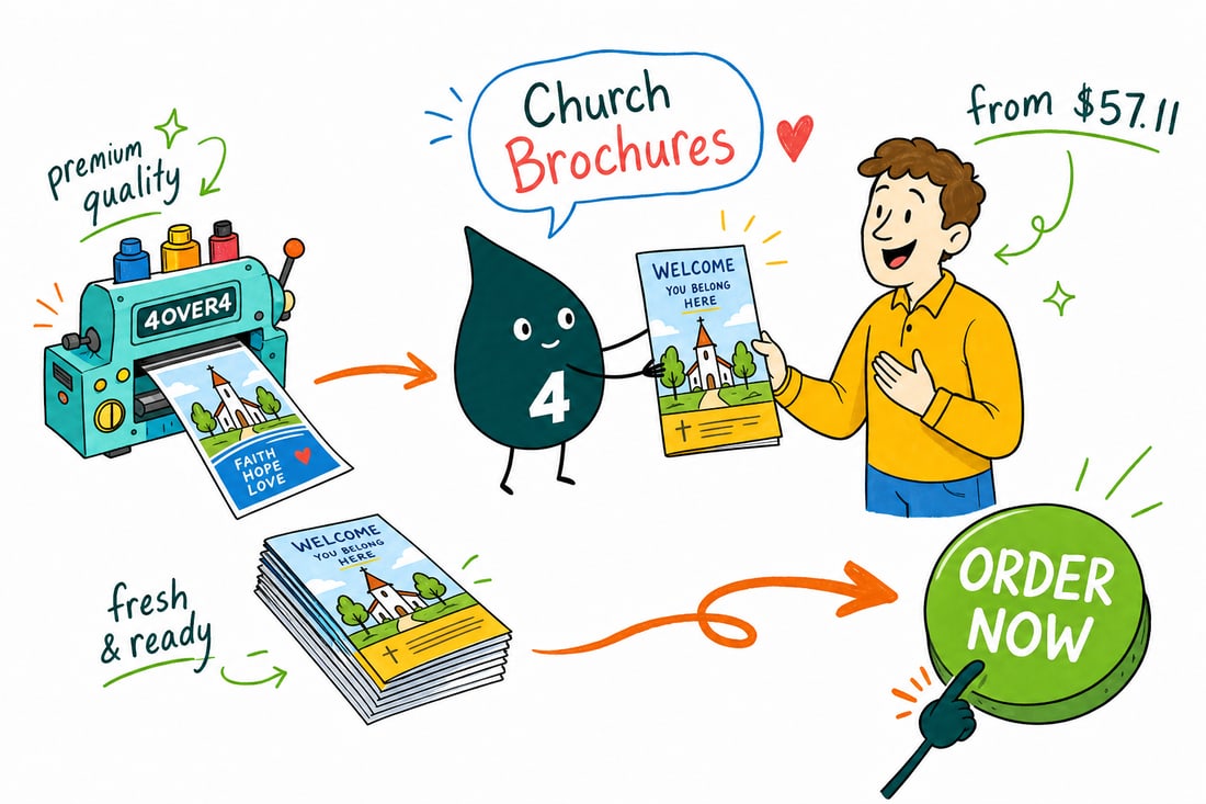 Wally the 4OVER4 mascot handing a folded church brochure, priced from $57.11 for 50, to a smiling visitor at a welcome table, teal hand-drawn line art.