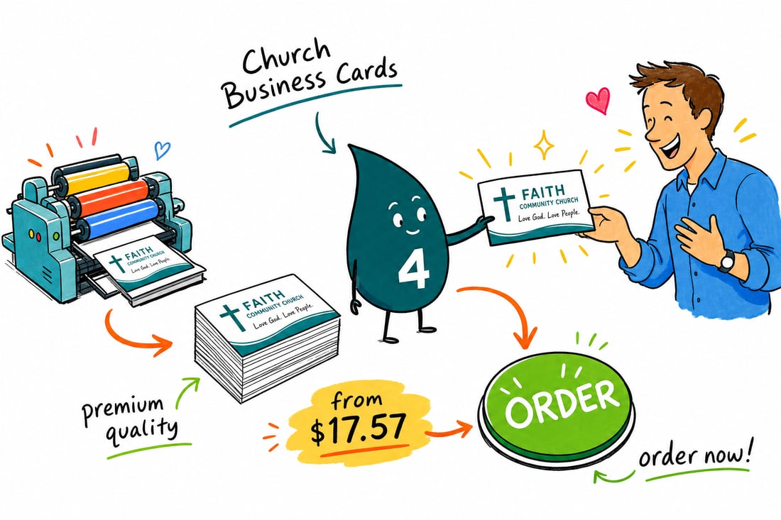 Wally the 4OVER4 mascot handing a church business card, priced at $17.57 for 100, to a smiling first-time visitor at a welcome table, teal hand-drawn line art.