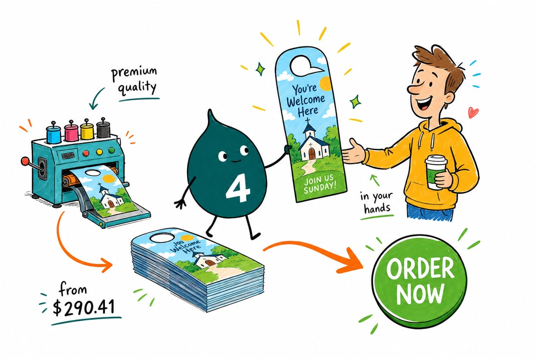 Wally the 4OVER4 mascot looping a church door hanger printed with service times, priced at $290.41 for 250, over a front doorknob, teal hand-drawn line art.