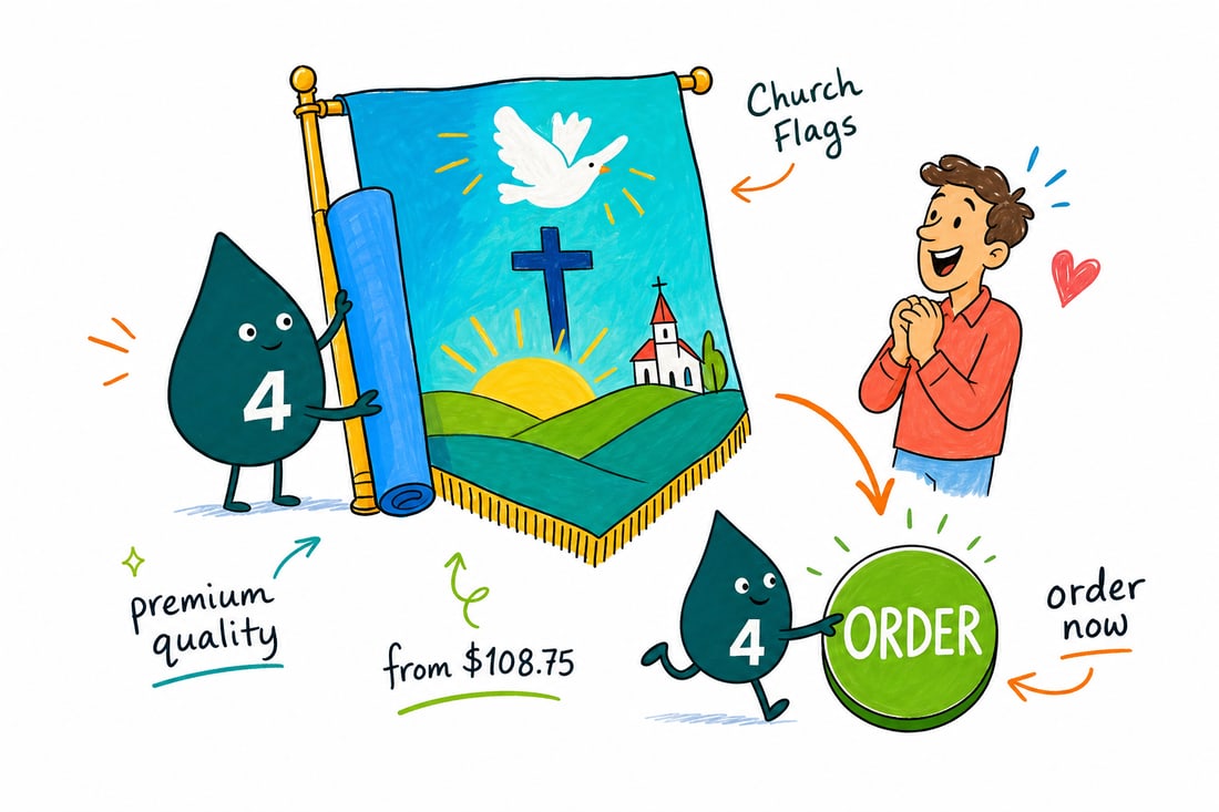 Wally the 4OVER4 mascot planting a tall 7 foot church flag priced at $108.75 outside a church entrance, teal hand-drawn line art.