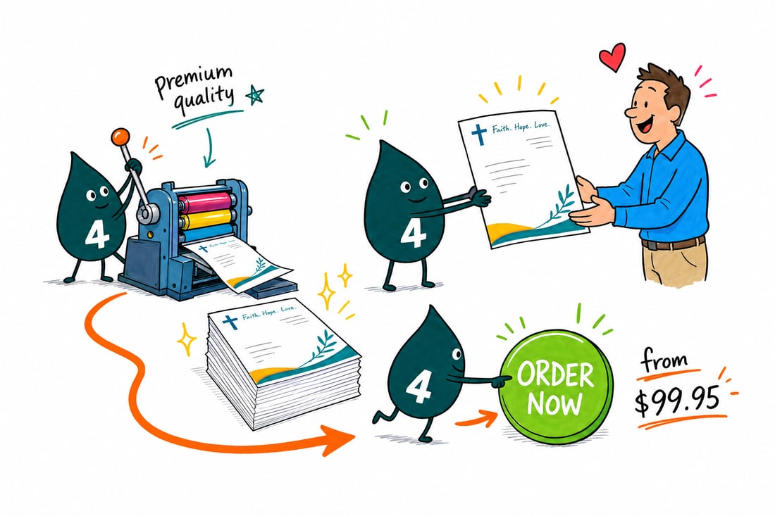 Wally the 4OVER4 mascot handing a printed 8.5 by 11 inch church letterhead sheet, priced from $99.95 for 50, across a desk to a smiling pastor, teal hand-drawn line art.