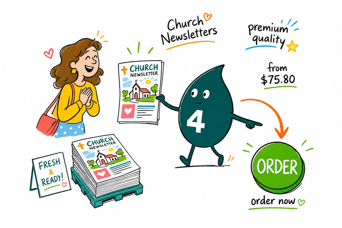Wally the 4OVER4 mascot handing a folded church newsletter, priced at $75.80 for 50, to a smiling churchgoer, teal hand-drawn line art.