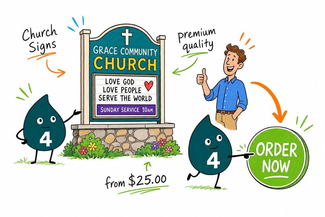 Wally the 4OVER4 mascot planting a full-color church sign on white coroplast with a wire H-stake in front of a church, teal hand-drawn line art.
