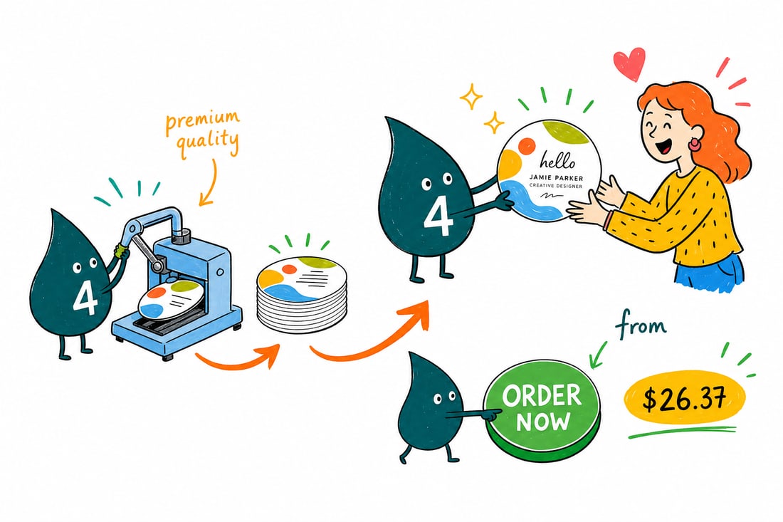 Wally the 4OVER4 mascot handing a round circle business card, priced at $53.83 for 100, across a counter to a happy customer, teal hand-drawn line art.