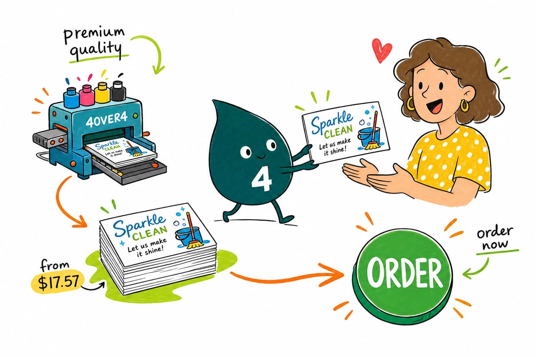 Wally the 4OVER4 mascot handing a cleaning business card, priced at $17.57 for 100, to a homeowner in a freshly cleaned kitchen, teal hand-drawn line art.