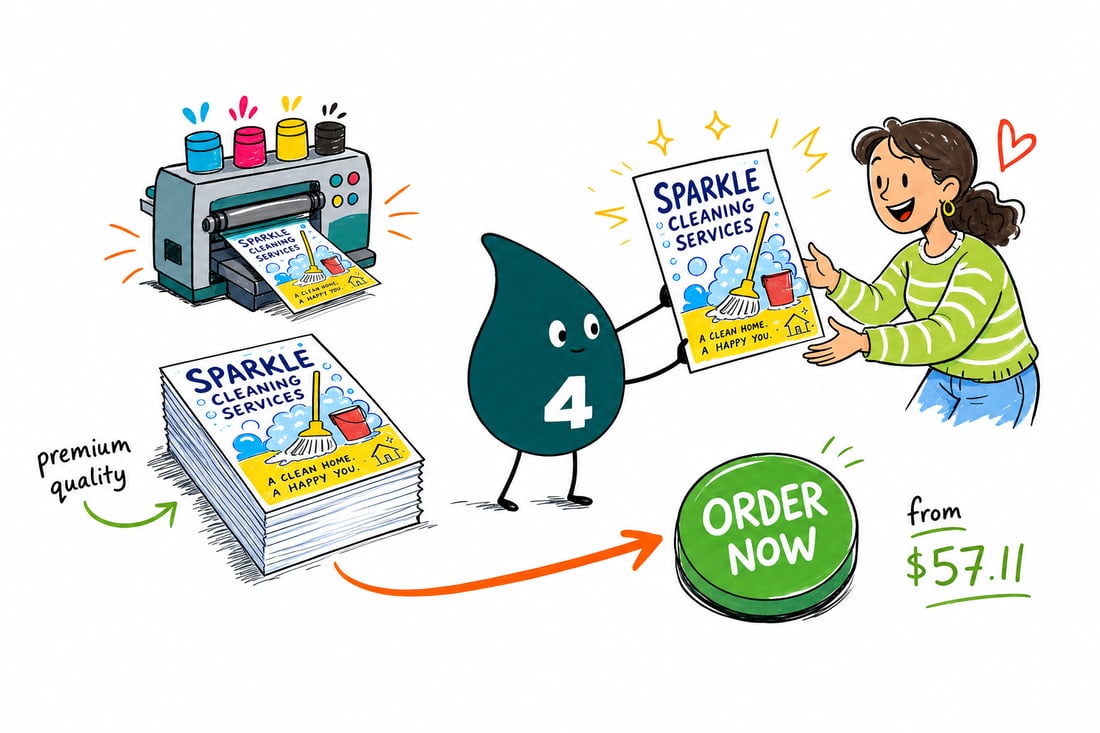 Wally the 4OVER4 mascot handing a full-color cleaning flyer, priced from $39.54 for 50, to a homeowner at the door, teal hand-drawn line art.