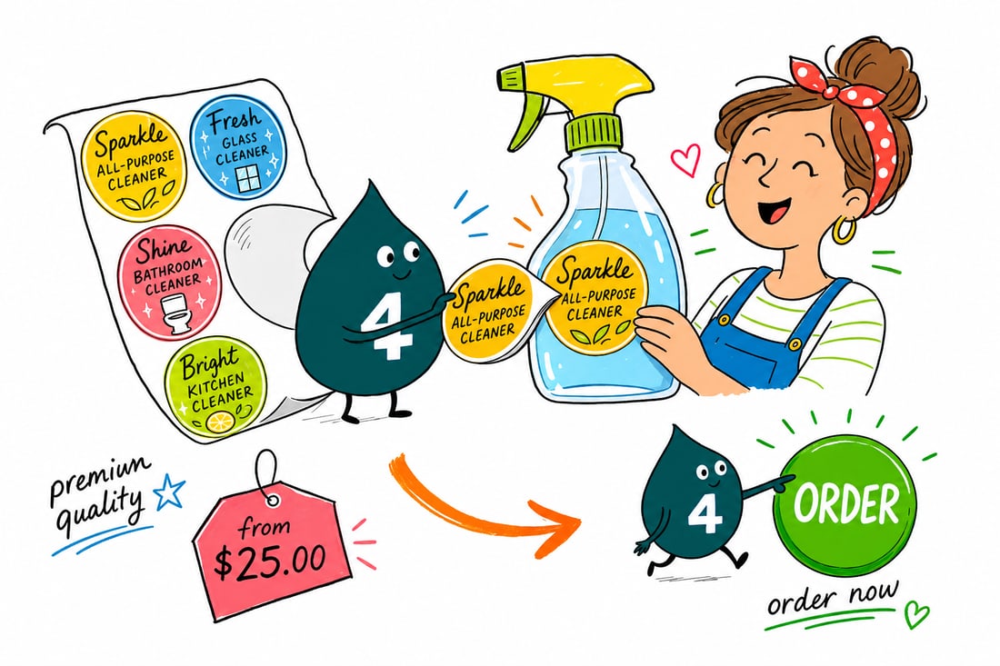 Wally the 4OVER4 mascot sticking a bright cleaning label onto a spray bottle in a tidy cleaning cabinet, teal hand-drawn line art.
