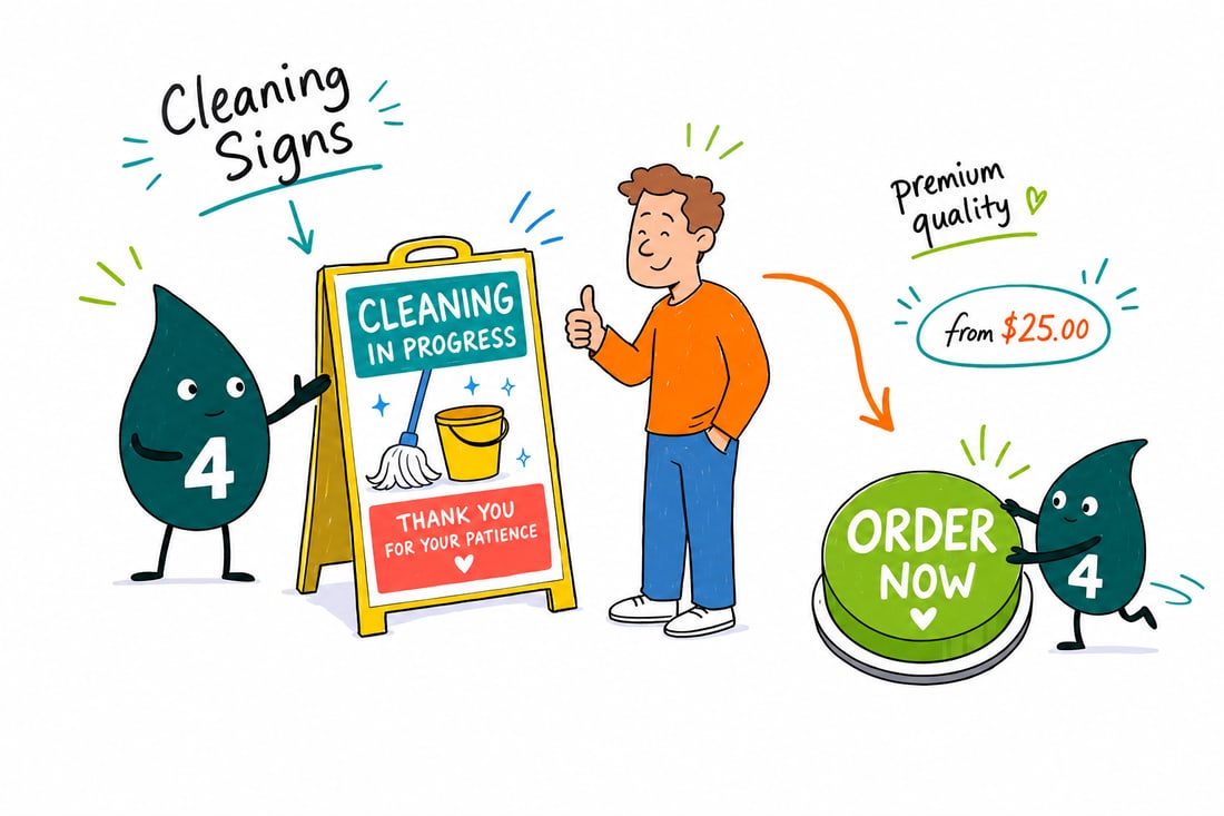 Wally the 4OVER4 mascot holding a freshly printed cleaning sign that reads clean and safe, priced from $25, teal hand-drawn line art.