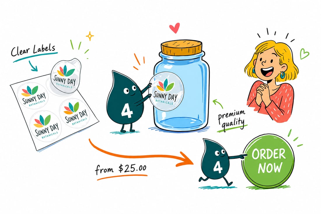 Wally the 4OVER4 mascot pressing a transparent clear label with full-color art onto a glass bottle so the print looks like it floats, teal hand-drawn line art.
