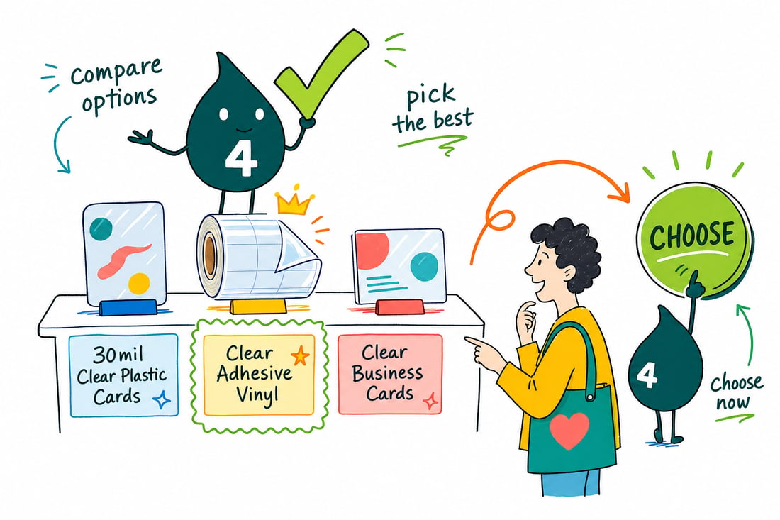 Wally compares Clear Printing options side by side at 4OVER4.COM