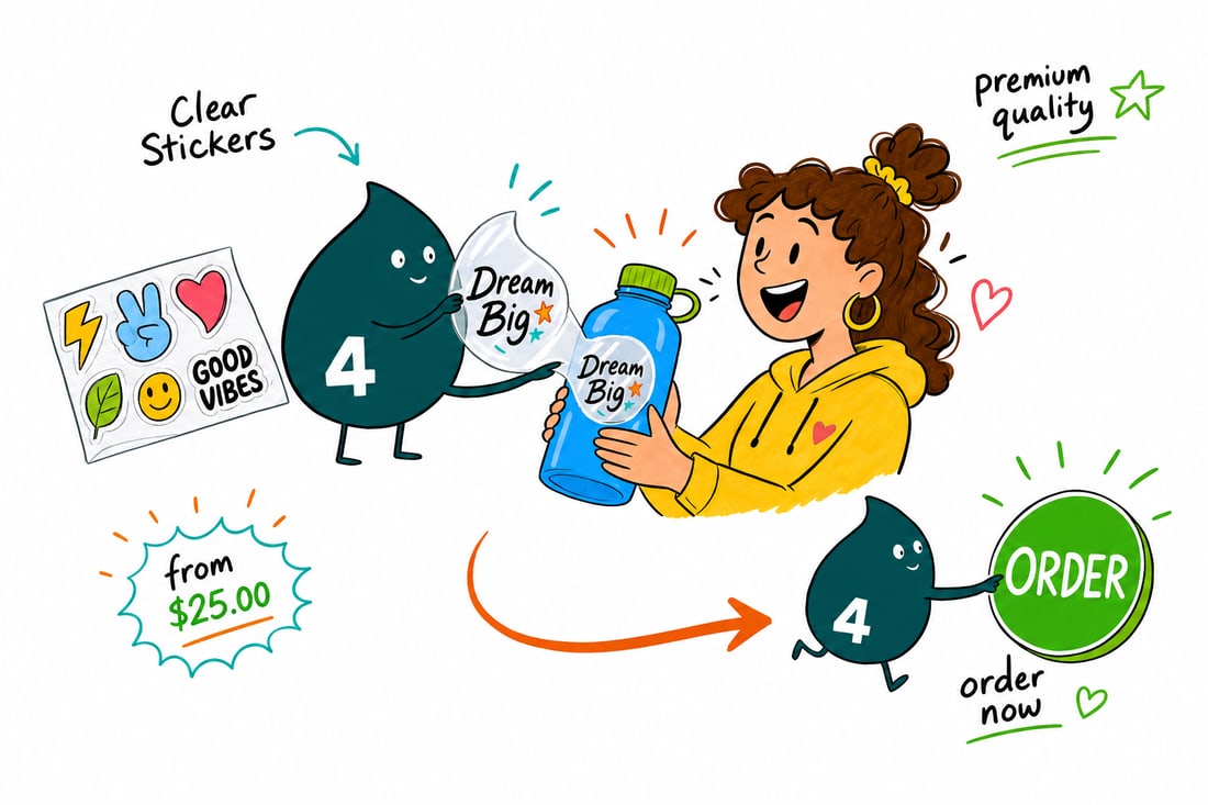Wally the 4OVER4 mascot pressing a transparent clear sticker onto a glass jar, the logo appearing to float with no white background, teal hand-drawn line art.
