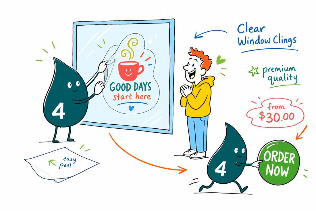 Wally the 4OVER4 mascot pressing a clear window cling with a bold sale message onto a storefront window, priced at $30, teal hand-drawn line art.