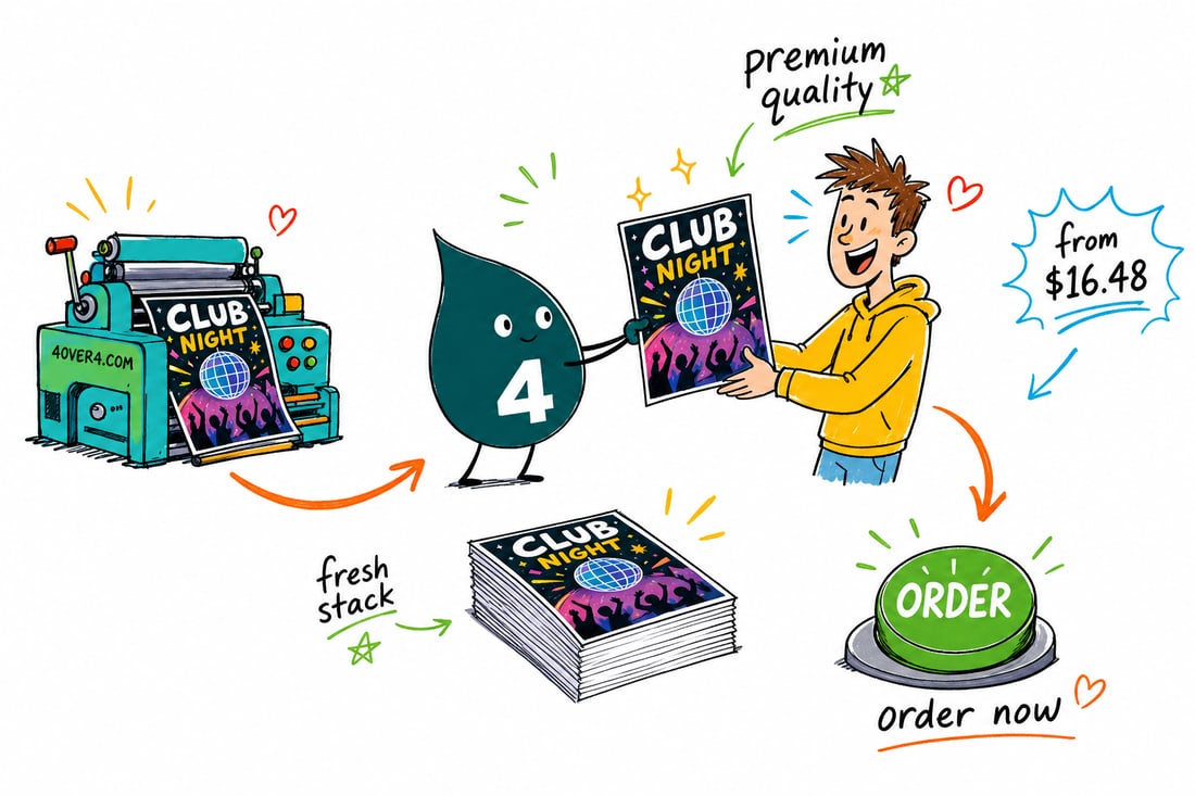 Wally the 4OVER4 mascot handing a stack of small glossy club flyers, priced at $16.48 for 50, across a counter to a happy event promoter, teal hand-drawn line art.