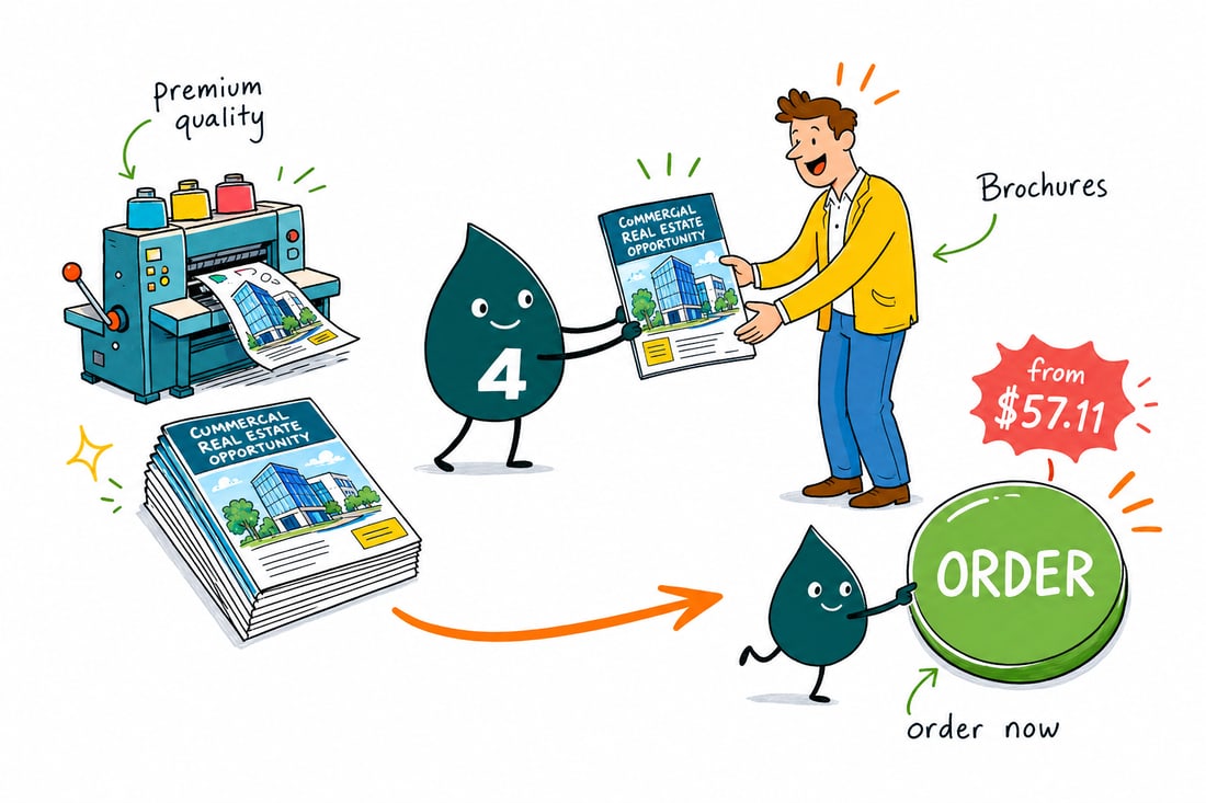 Wally the 4OVER4 mascot handing a folded commercial real estate brochure, priced at $57.11 for 50, across a desk to a commercial broker, teal hand-drawn line art.
