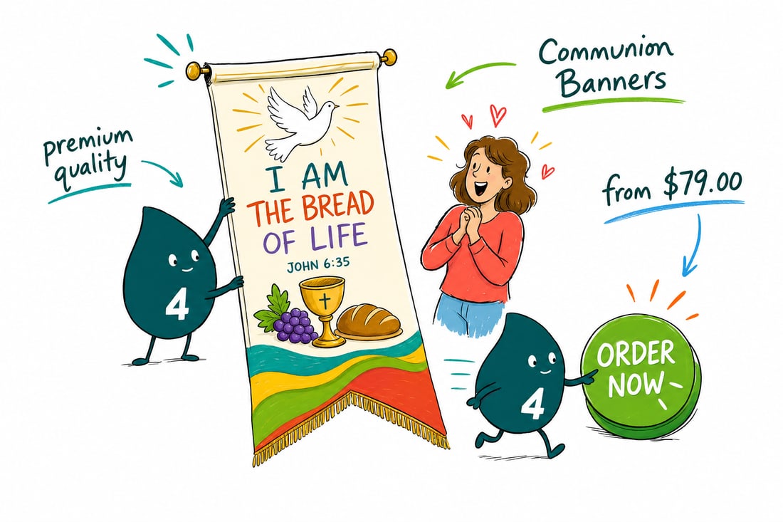 Wally the 4OVER4 mascot hanging a custom communion banner priced from $79 on heavy vinyl behind a celebration table, teal hand-drawn line art.