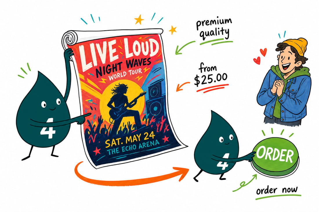 Wally the 4OVER4 mascot pinning a full-color concert poster to a venue wall, priced from $25, teal hand-drawn line art.
