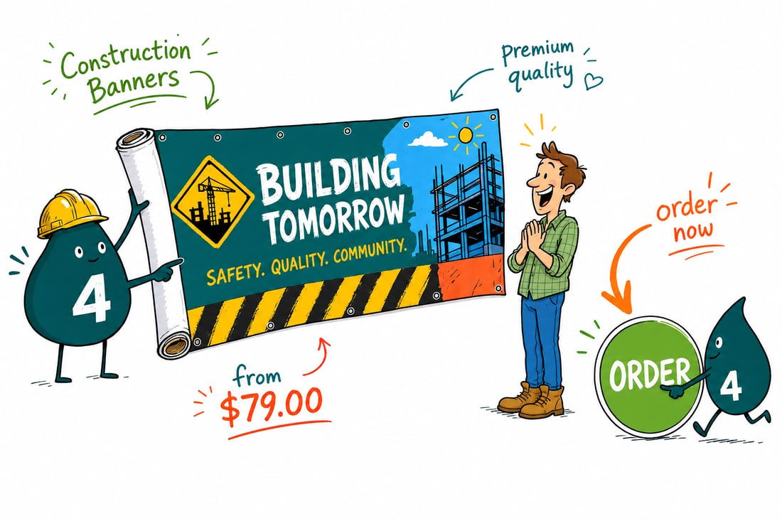 Wally the 4OVER4 mascot mounting a construction banner priced at $79 onto a job-site fence, showing a contractor logo and a safety notice, teal hand-drawn line art.