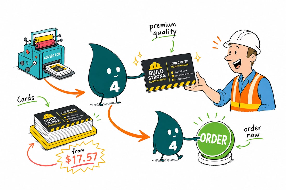 Wally the 4OVER4 mascot handing a durable construction business card, priced at $17.57 for 100, to a contractor in a hard hat, teal hand-drawn line art.