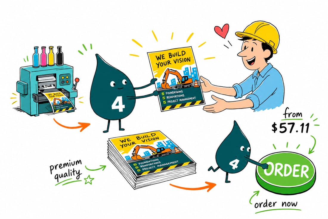 Wally the 4OVER4 mascot in a hard hat handing a full-color construction flyer to a homeowner outside a house, teal hand-drawn line art.