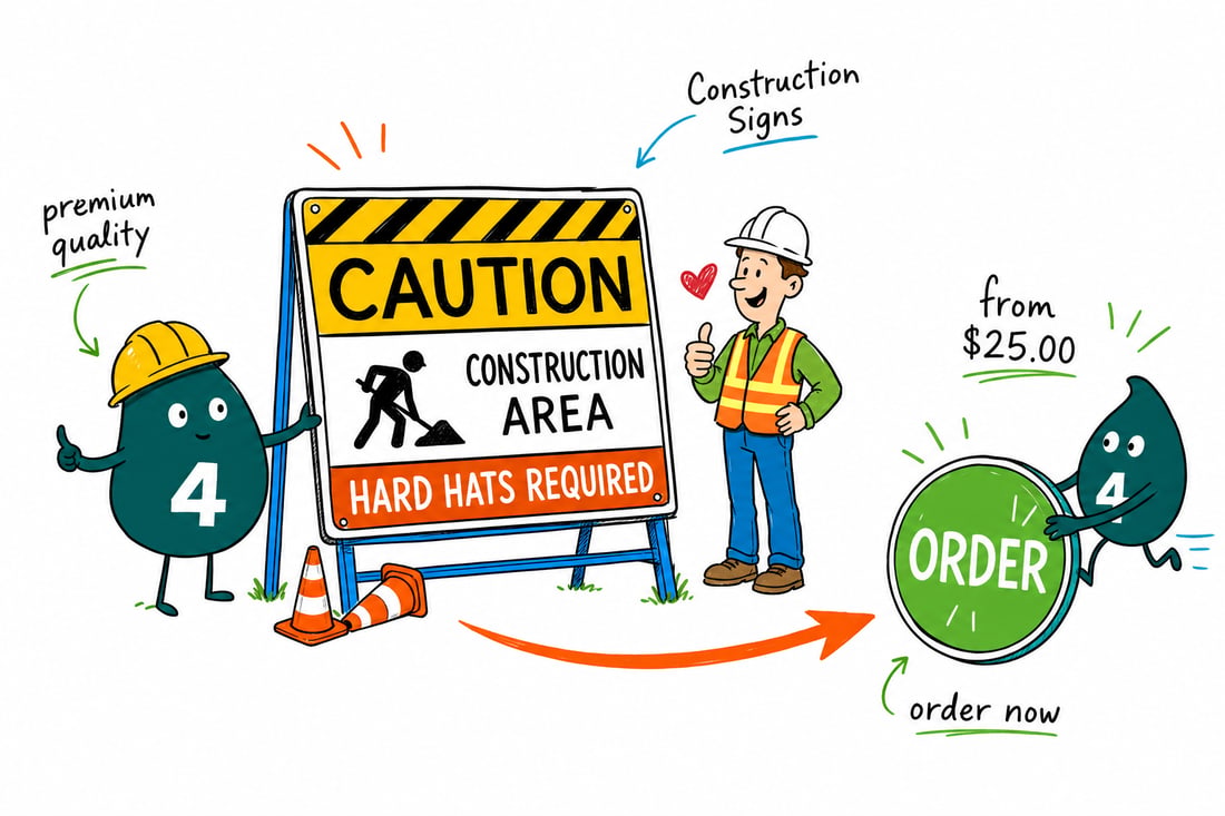 Wally the 4OVER4 mascot zip-tying a white coroplast construction sign, priced at $25, to a job-site chain-link fence, teal hand-drawn line art.