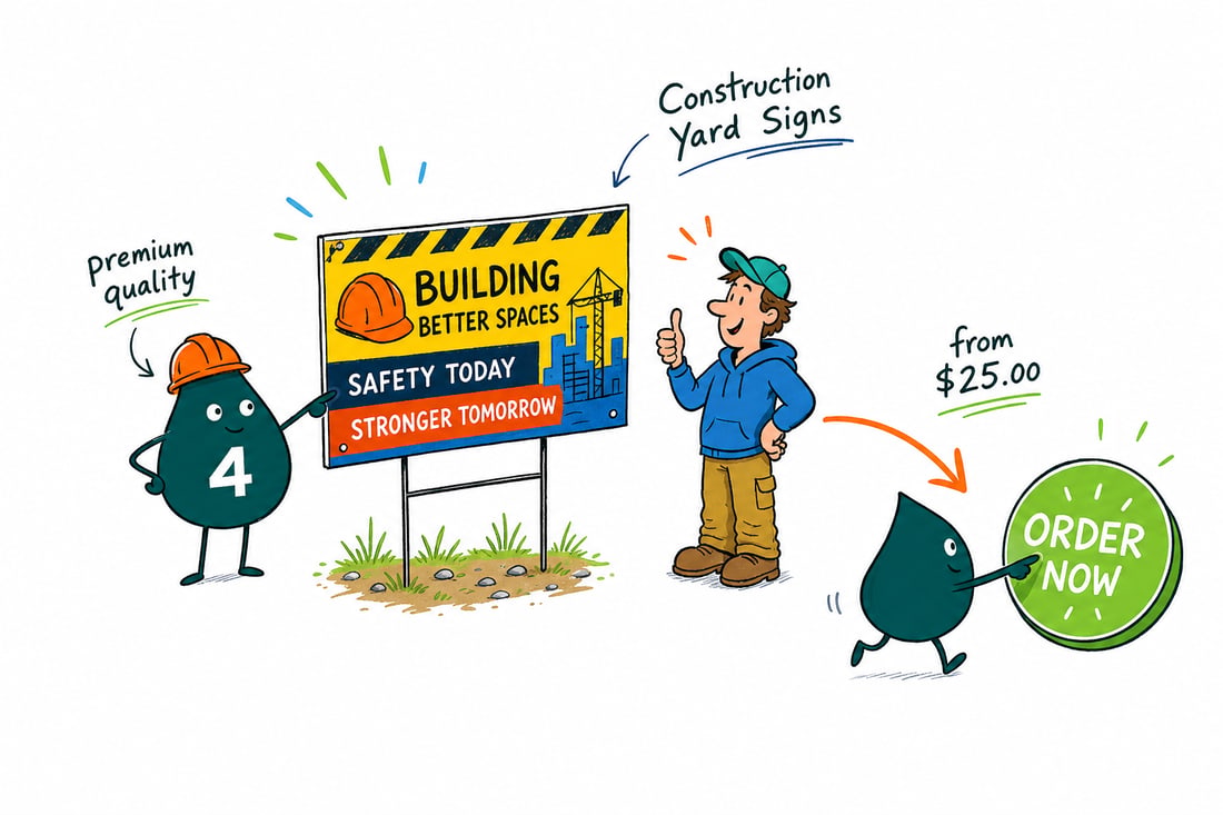 Wally the 4OVER4 mascot planting a white coroplast construction yard sign on an H-stake at a job site fence, priced at $25, teal hand-drawn line art.